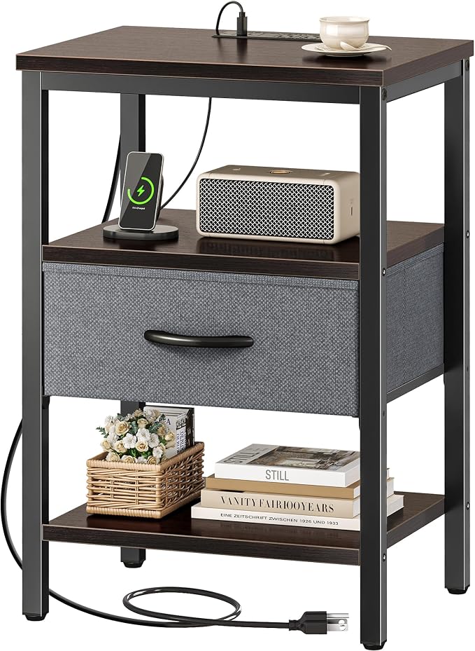 SUPERJARE Nightstand with Charging Station, Bed Side Table with Adjustable by SUPERJARE