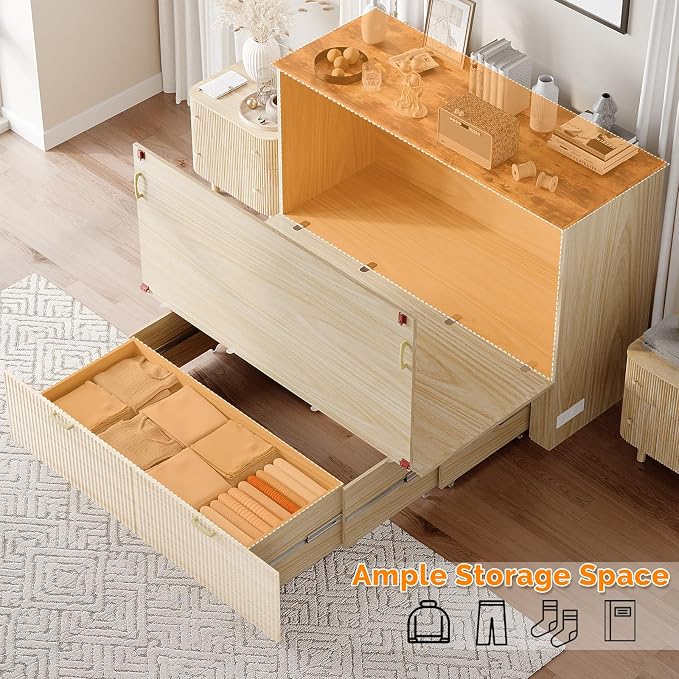 VINGLI Full Murphy Bed with Storage Drawer, 2 Charging Station, Fluted Wooden - Image 5