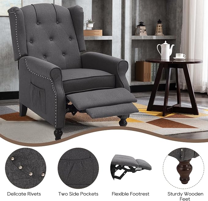Wingback Recliner Chair with Massage and Heat, Tufted Fabric Push Back Recliner - Image 6