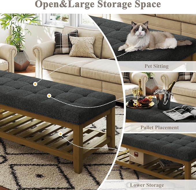 Befurtori Large Rectangular Upholstered Ottoman Bench, Linen Tufted Footrest - Image 5