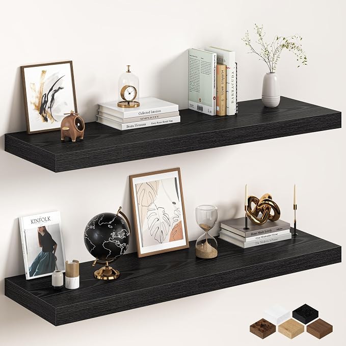 Black Floating Shelves 48Inch Long, 12 Inch Deep Floating Shelves by FunMemories