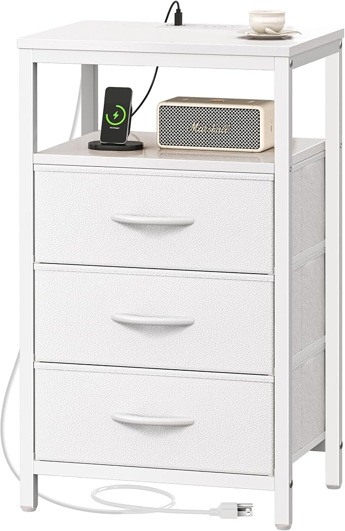 Huuger Nightstand with Charging Station, 27.6 Inch Side Table with Drawers by Huuger