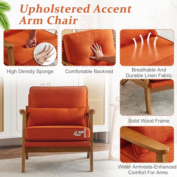 Vingli Solid Wood Wide Armrests Accent Chair Set of 2, Upholstered Mid Century - Image 5