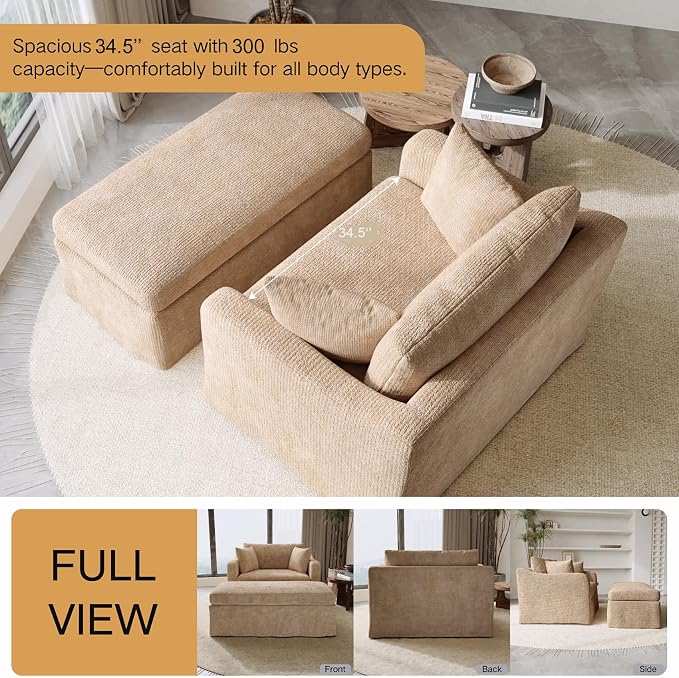 Oversized Armchair with Ottoman, 43.9" W Chenille Accent Chaise Lounge Sofa - Image 4