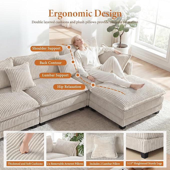Vesgantti 109" U Shaped Cloud Sectional Sofa, Comfy Corduroy Upholstered - Image 3