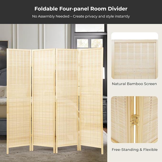 Roundhill Furniture Inkwell 4-Panel Bamboo Room Divider, Folding Portable - Image 4