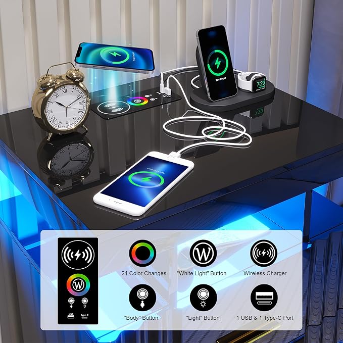 Nightstand with Wireless Charging Station, Bedroom Bedside Table with RGB Lights - Image 3