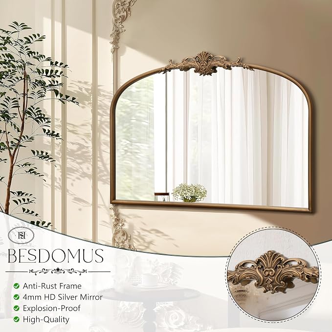 Besdomus Vintage Arched Gold Mirror: 32"x24" French Large Gold Vintage Wall - Image 6