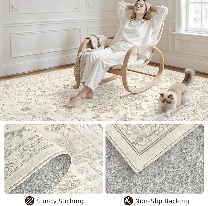 6x9 Area Rugs for Living Room: Vintage Boho Neutral Washable Rug Indoor Soft - Image 4