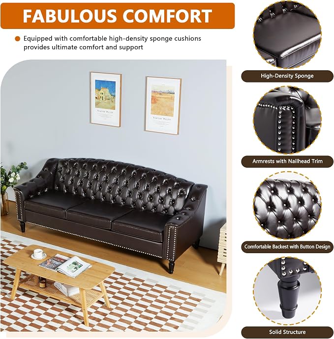 LEVNARY Mid-Century Modern Leather Couch, Chesterfield Sofa Sleeper Settee - Image 3