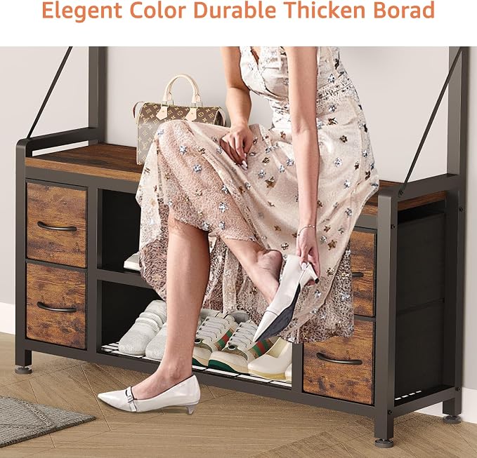 39" Hall Tree with Storage Coat Rack freestanding Entryway Furniture Bench - Image 5