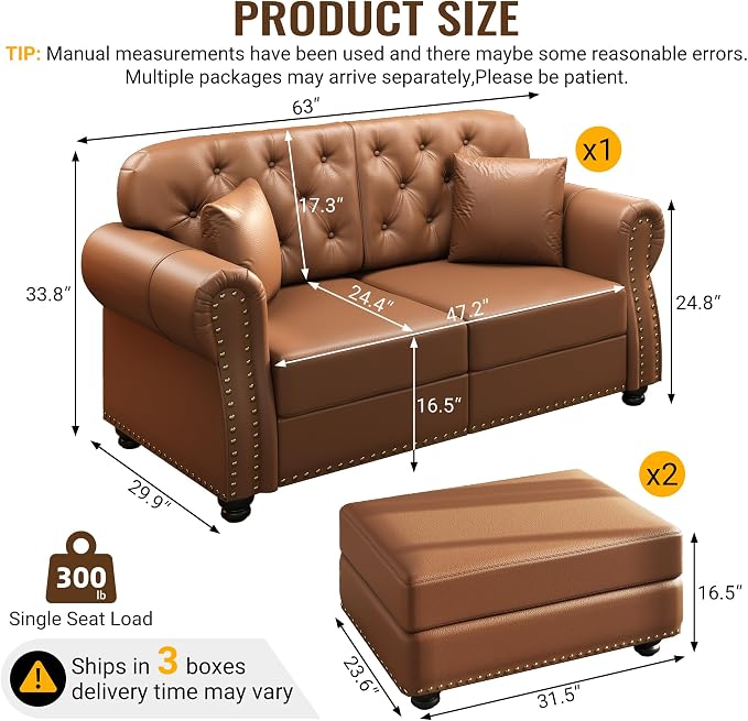 KEIKI 63" Faux Leather Chesterfield Sofa - Image 2
