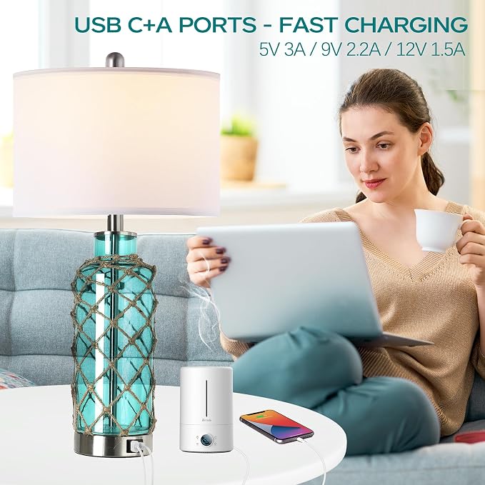 Cottage Nautical Accent Table Lamp Set of 2, Touch Coastal Blue Green Glass - Image 3