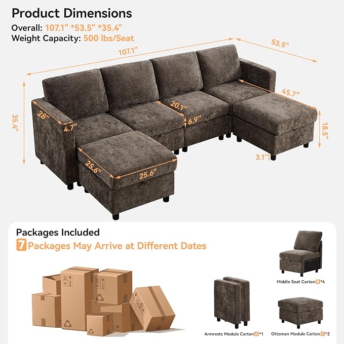 WUTUTUEE 107'' Modular Sectional Sofa Convertible U Shaped Sofa Couch Set - Image 2