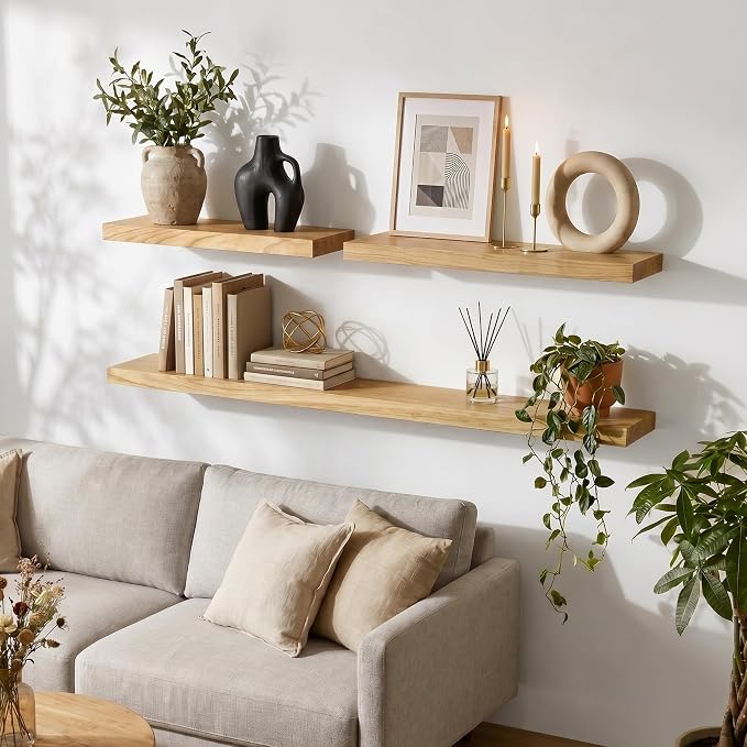 fuqing 40 Inch Floating Shelves | 6.7 Inch Deep Natural Wood Shelves Set of 2 | - Image 2