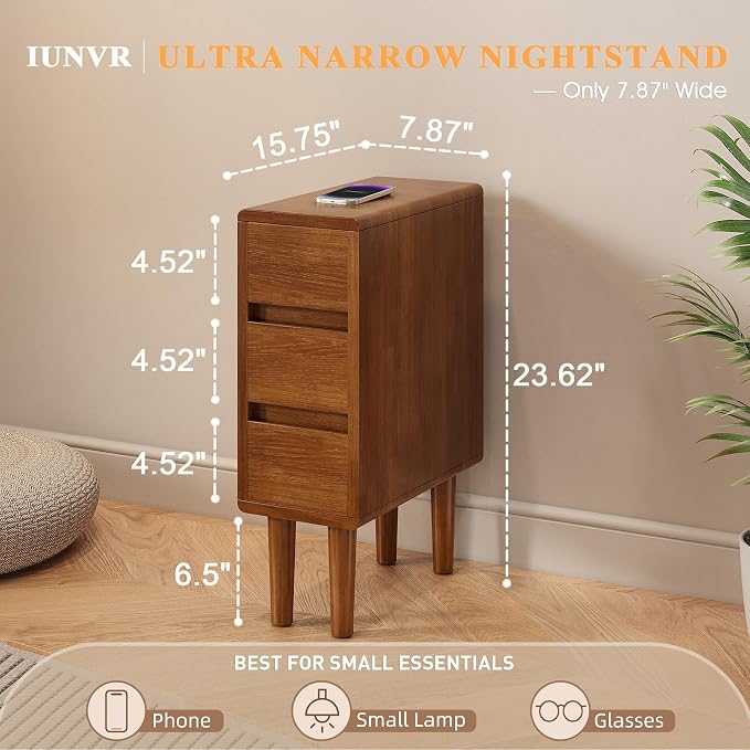 Narrow Nightstand with 3 Drawers Narrow Night Stand Solid Wood Bedside Table - Image 2