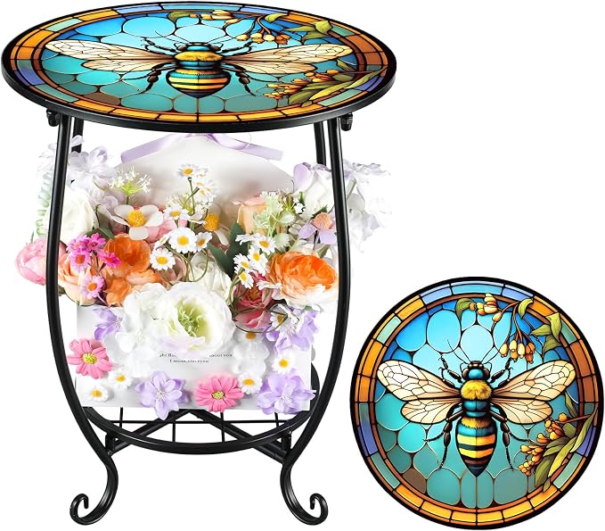 Cinnvoice Outdoor Side Table Round Small Mosaic Patio Accent Indoor End Plant by Cinnvoice