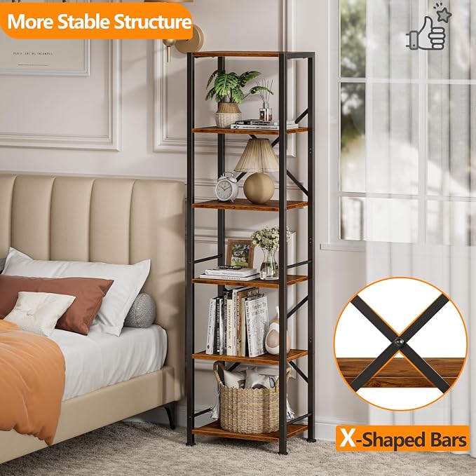 Furologee 6 Tier Tall Bookshelf, Industrial Narrow Bookcase, Display Standing - Image 4