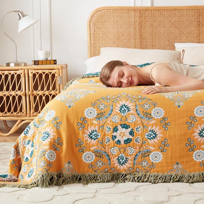 LUTBM Boho Throw Blanket for Bed 100% Cotton Soft Lightweight Quilt Floral - Image 7