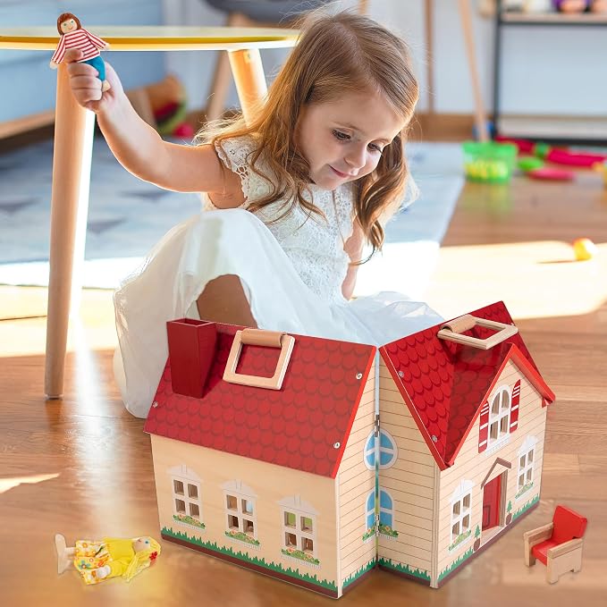 Foldable Wooden Dollhouse with 13PCS Furniture, 4 Rooms and 2 Flexible Dolls - Image 6