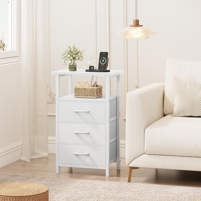 Vagusicc Nightstand with Charging Station, End Table Side Table with 3 Fabric - Image 6