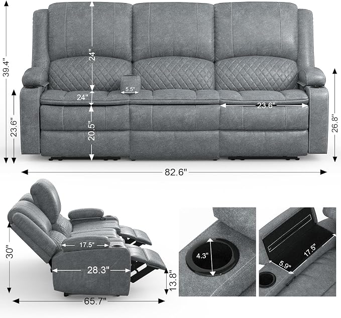 Yolsali 3-Seater Recliner Sofa, Manual Reclining Couch - Image 2