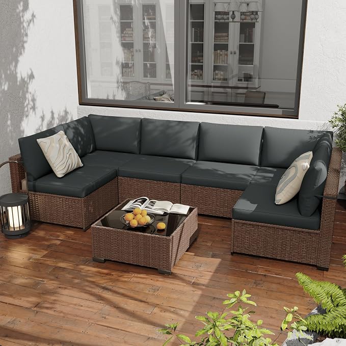 KIGOTY 7-Piece Patio Furniture Set, All-Weather PE Rattan Outdoor Sectional Sofa by KIGOTY