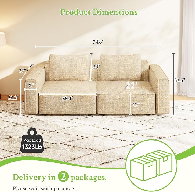 Welzona 75" loveseat Sofa, Comfy Chenille Love Seat, Wood Frame Small Couches - Image 2