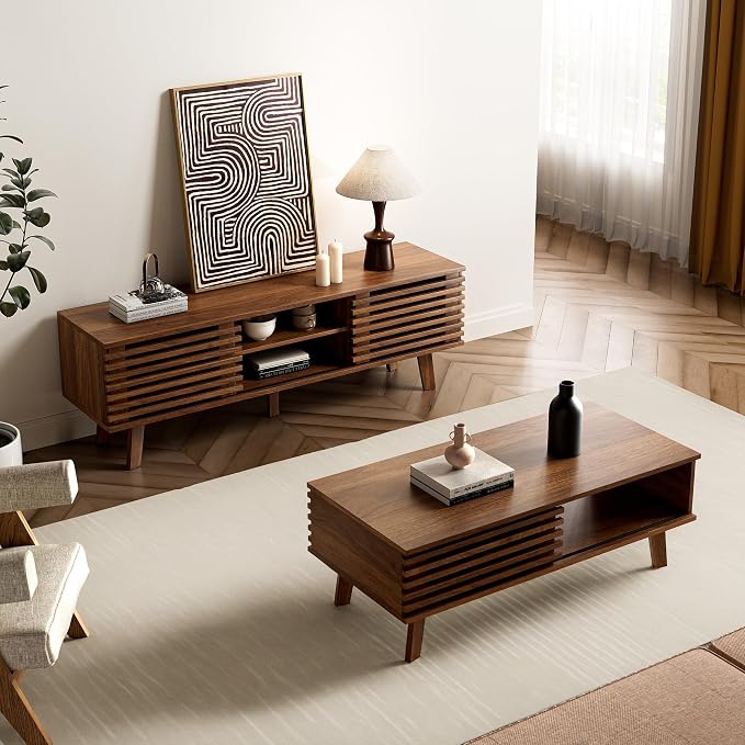 Furniway Living Room Table Sets of 2, Mid Century Coffee Table and TV Stand by Furniway