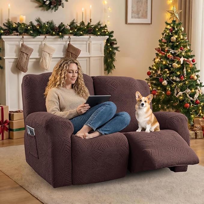 Recliner Loveseat Covers, 4-Piece Stretch Geometric Strokes Jacquard Reclining - Image 5