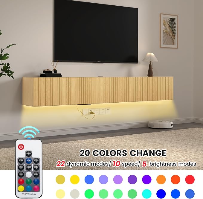71” Floating TV Stand with LED Lights & Charging Station, Wall Mounted - Image 4