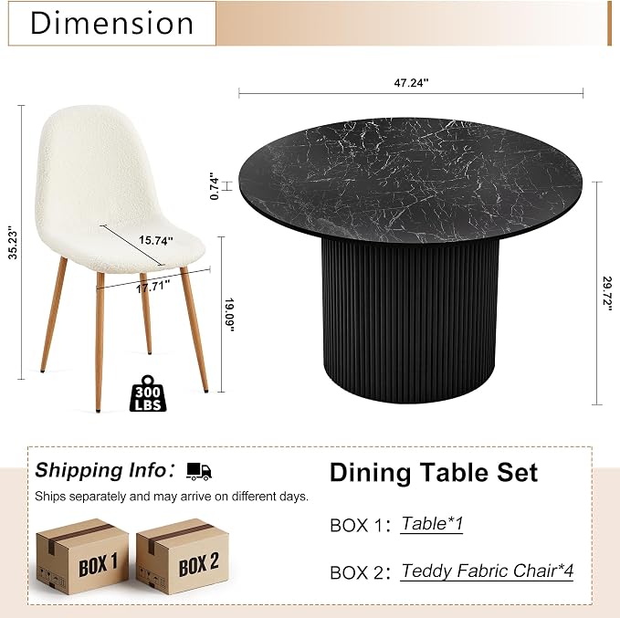 Dining Table Set for 4, Mid Century Modern 47 Inch Black Marble-Look Wooden - Image 2