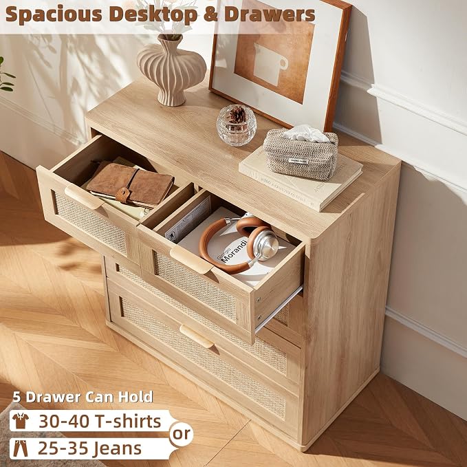 LEYAOYAO Rattan Dresser for Bedroom Set of 2, 33.5" Tall Chest of Drawers - Image 5