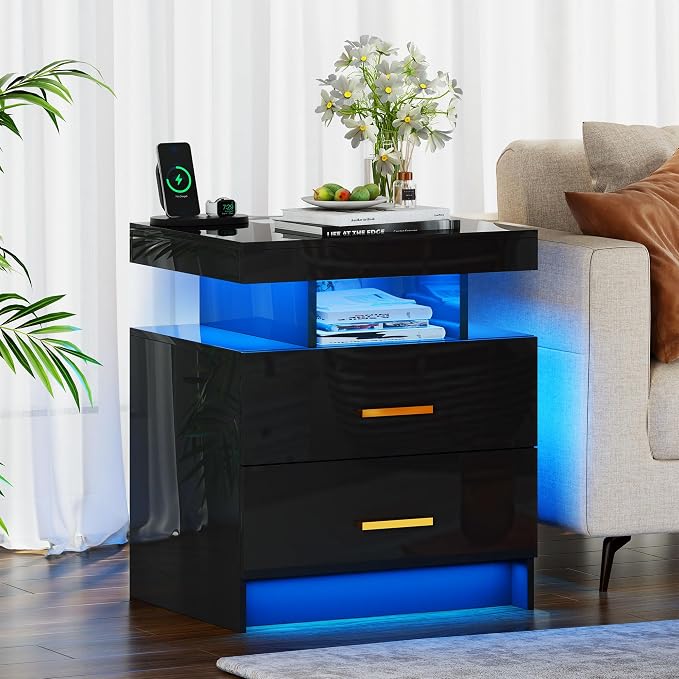 Smart Night Stand with Charging Station, Modern Black Nightstand with 24 Color - Image 4