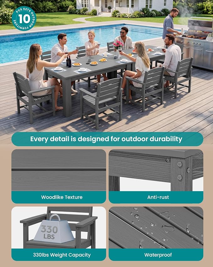 SERWALL HDPE Dining Set for 8: 2 Umbrella Hole Tables + 8 Chairs. Includes 8 - Image 2