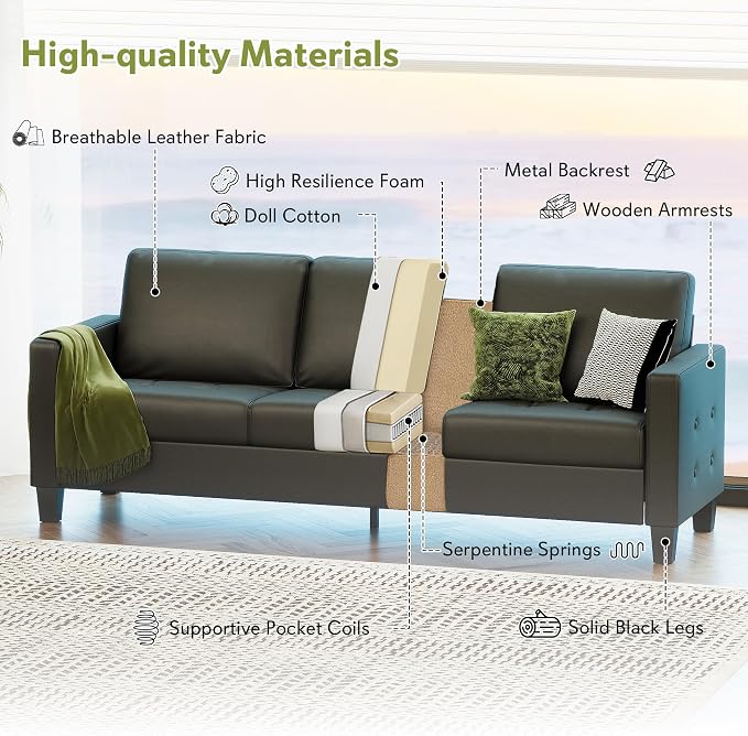 STHOUYN Black Faux Leather 3 Seater Sofa and Accent Chair, Modern Comfy Office - Image 4