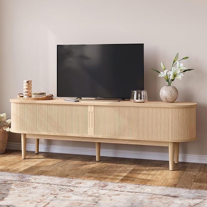 LINSY HOME 70" Fluted TV Stand for TVs up to 80 Inch, Mid Century Modern by LINSYHOME