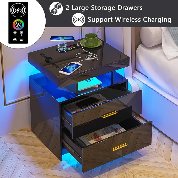HNEBC Auto LED Nightstand with Wireless Charging Station & USB Ports, High - Image 3