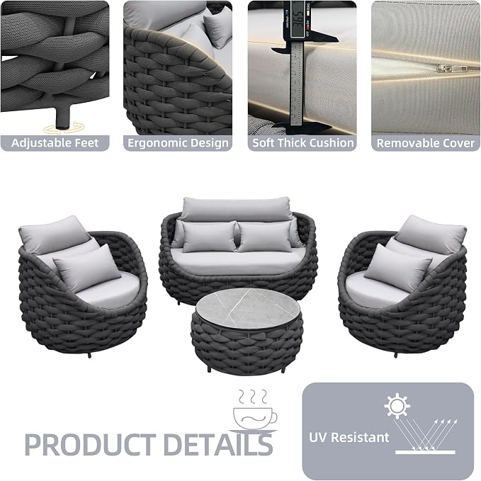 TWT Patio Furniture Sofa Set 4 Pieces Aluminum Outdoor Furniture w/27.8in - Image 3