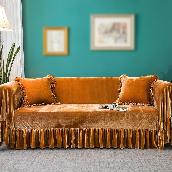 Velvet Sofa Cover Soft Decorative Luxurious Solid Exquisite Ruffle Trim by GLORYSEASON