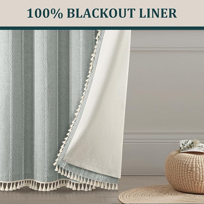 Teal Boho Blackout Curtains 90 Inches Long Light Green Linen Blend 2 Panels - Image 6