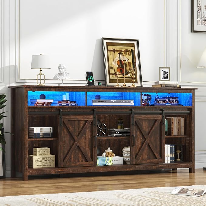 LED Farmhouse TV Stand for 80/75 inch TVs, Rustic Entertainment Center Cabinet - Image 6