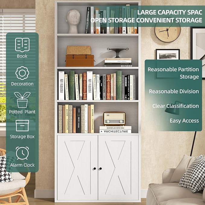 Modern Bookshelf with Doors, Industrial Bookshelves with 6-Tier Shelf, 71 - Image 3