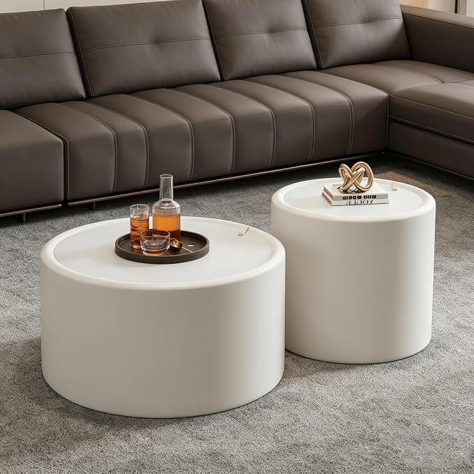 SSLine Set of 2 White Round Nesting Coffee Tables by SSLine