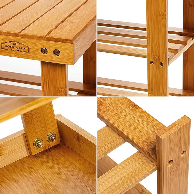 Purawood Bamboo 3 Tier Shoe Rack Bench, Premium Shoe Organizer or Entryway Bench - Image 7