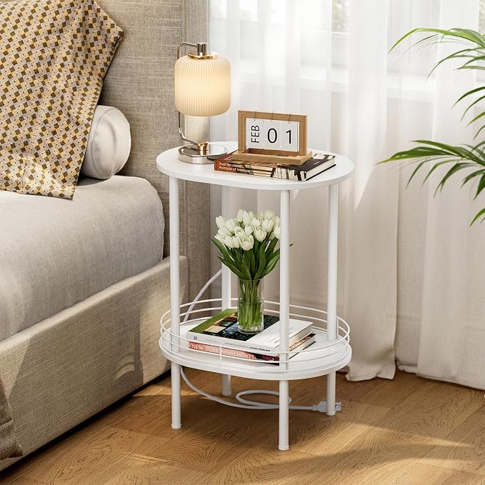 DGSANDGO White Side Table with Charging Station, Side Tables Living Room - Image 3