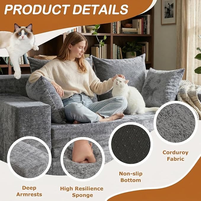 Loveseat Sofa Bed, Convertible Silky Velvet 5-in-1 Foldable Boneless Sleeper - Image 4