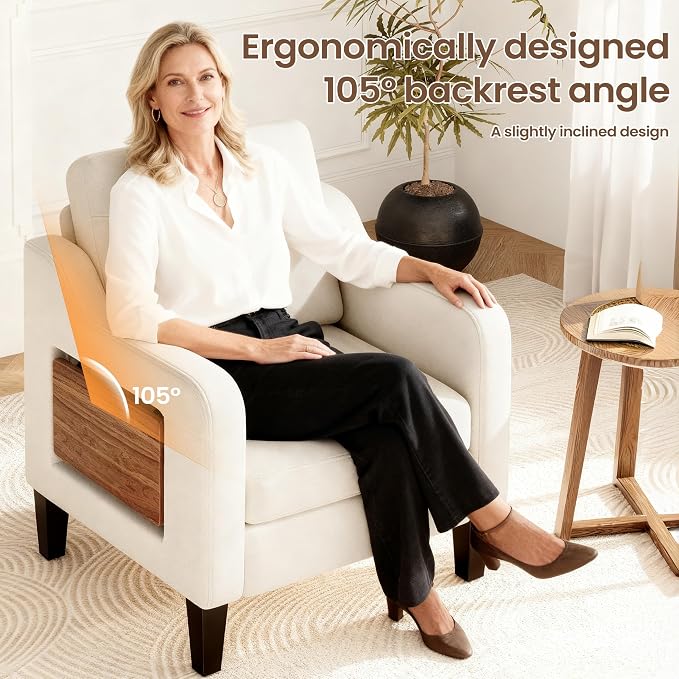 Accent Chair for Living Room Modern Linen Upholstered Armchair Side Wooden - Image 3