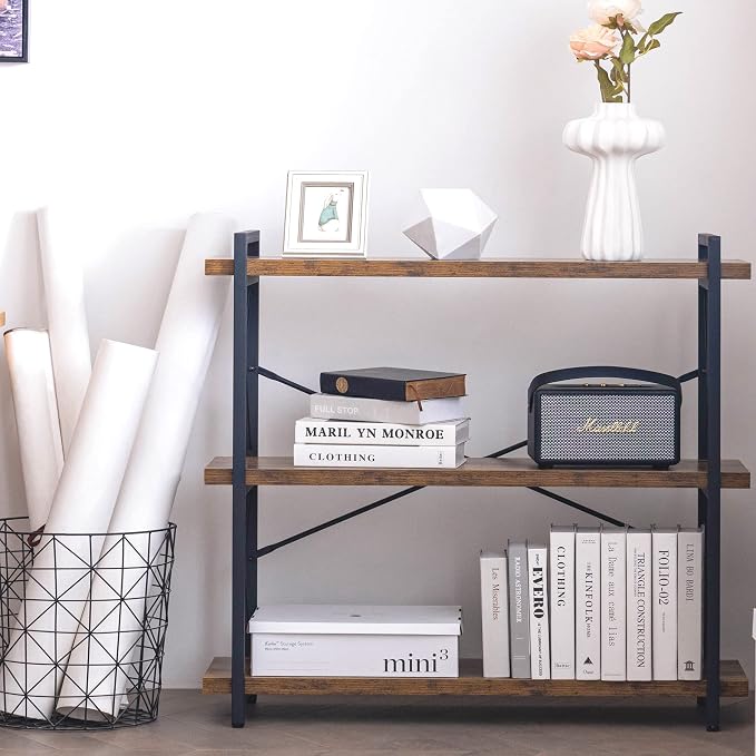 HCHQHS Bookshelf, 3-Tier Industrial Bookcase, Rustic Open Book Shelf, Wood and - Image 5