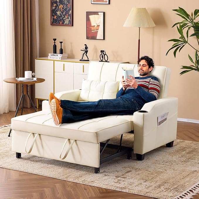 VINGLI Beige Futon Sofa Bed Convertible Loveseat Sleeper Couch, Faux Leather - Image 9